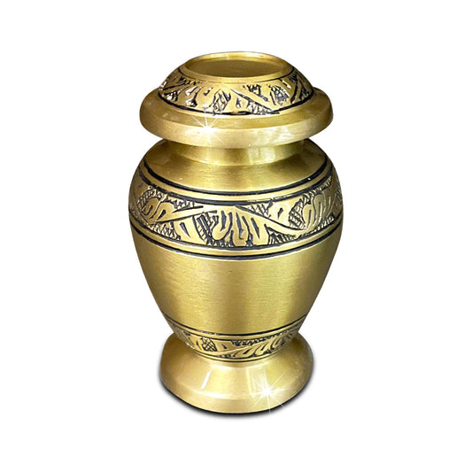 Plain polished brass keepsake urn with straight sides and a flat shoulder
