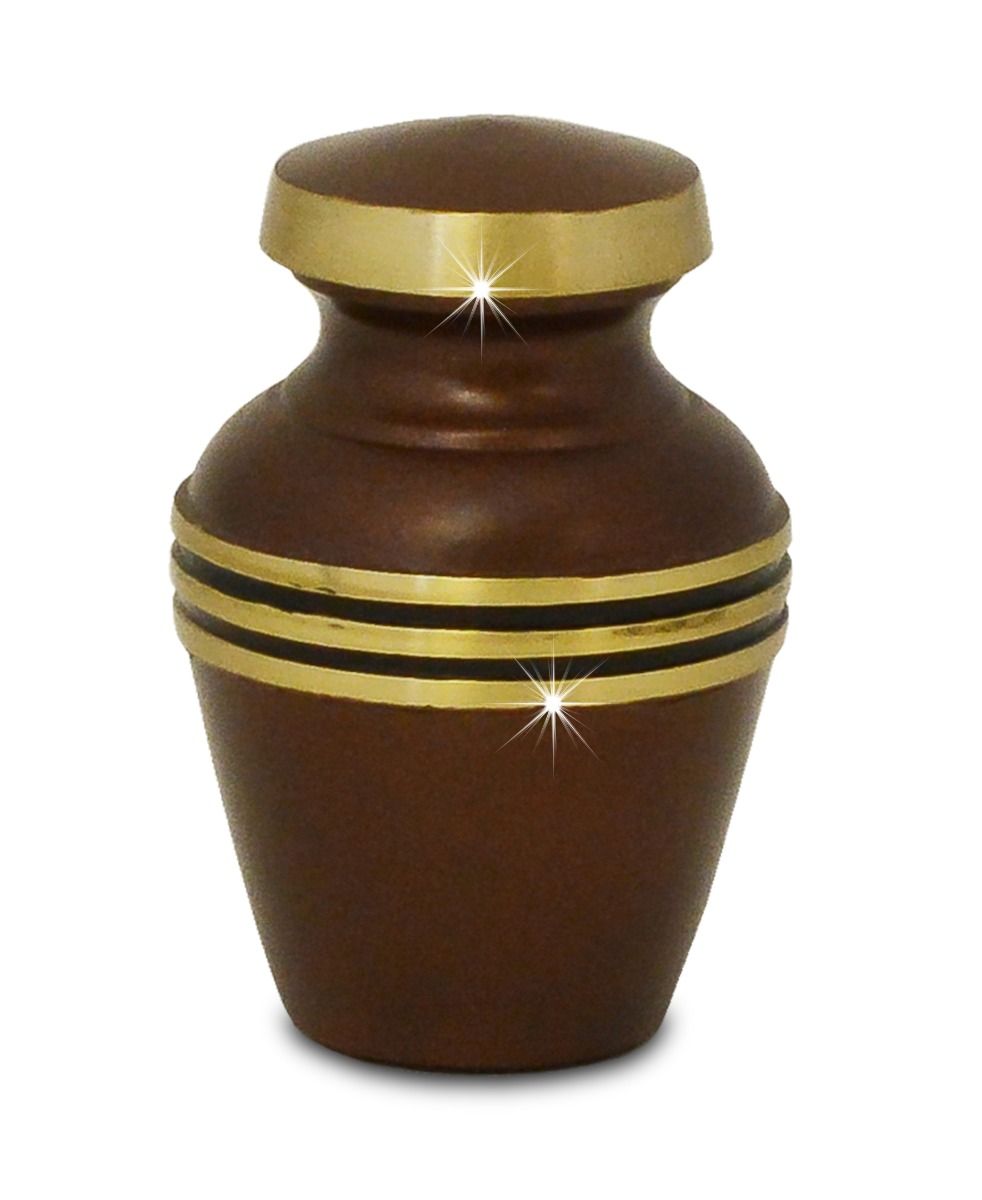 Brown lacquered brass keepsake urn with a tapered body and domed threaded lid