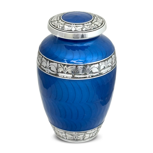 Aluminum cremation urn with a glossy shimmering blue lacquer finish and lift-off lid