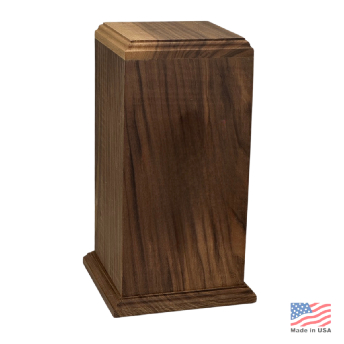 Tall walnut urn in dark chocolate-brown wood with a square base and stepped lid