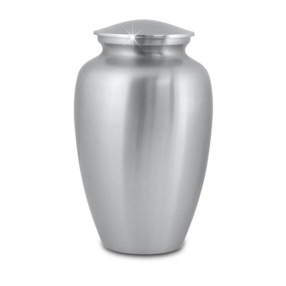 Grey pewter-finished cremation urn with a classic curved profile and domed lid