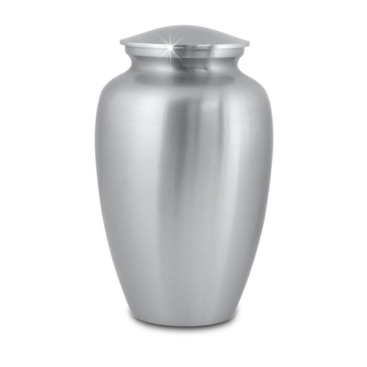 Grey pewter-finished cremation urn with a classic curved profile and domed lid