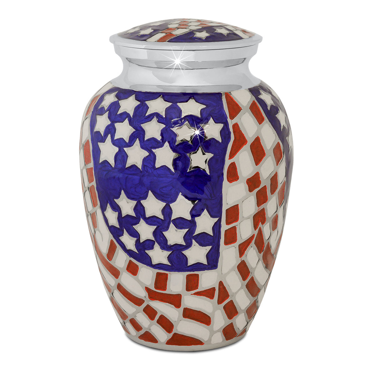 Brass cremation urn with a stars and stripes American flag panel set into the front