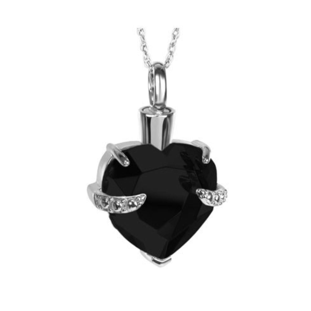 Silver heart-shaped cremation pendant with a glossy black crystal across the front face