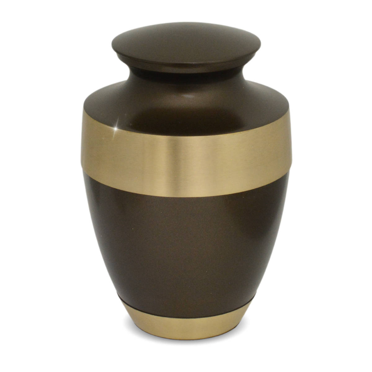 Brass cremation urn with a worked patterned surface, rounded body and a fitted lid