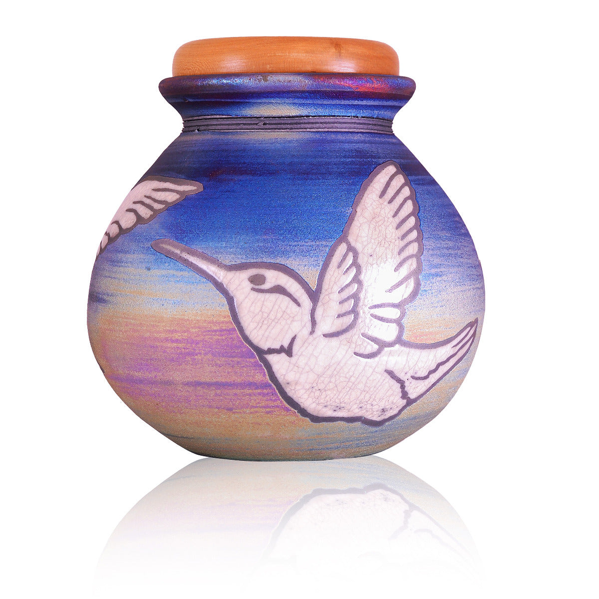 Hand-fired Raku ceramic urn with desert-toned crackled glaze and a lift-off lid