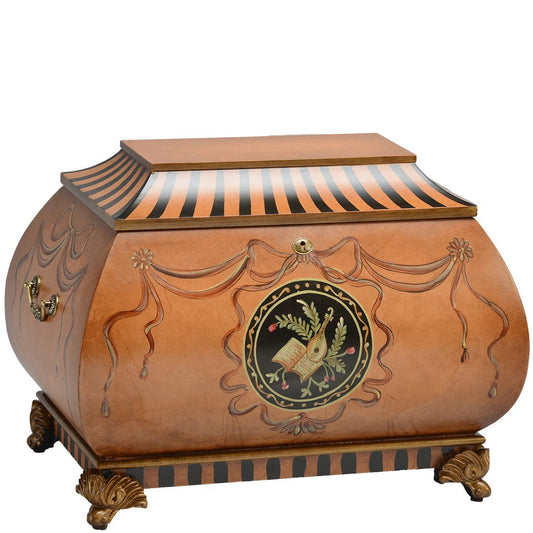 Wide wooden memory chest with a hinged lift-up top and visible natural grain