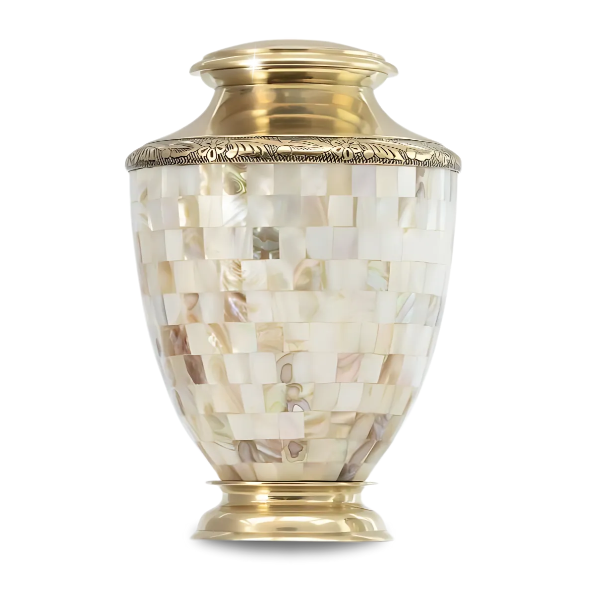 Brass cremation urn with pale iridescent mother of pearl inlay over the full body