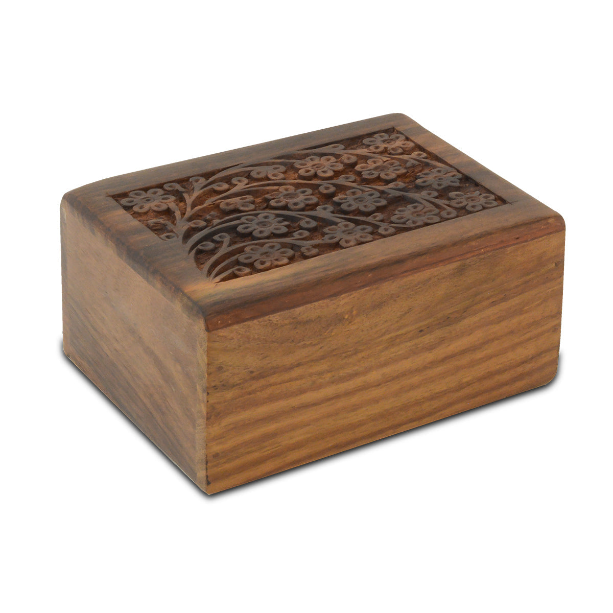 Medium wooden pet urn with a daisy motif on natural wood