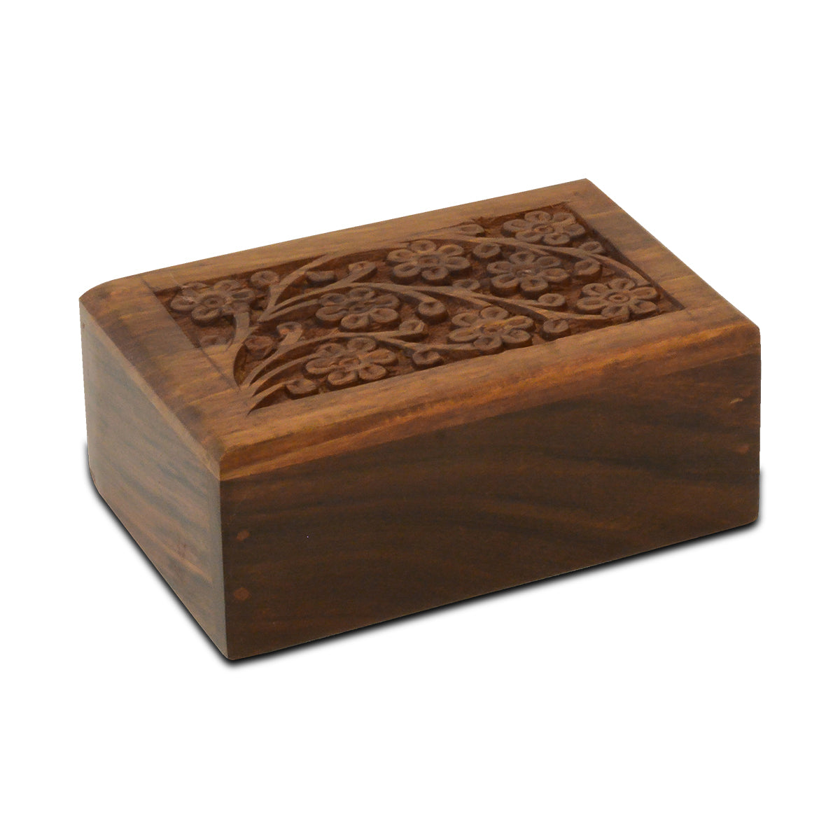 Small wooden pet urn with a daisy motif on the front and a natural wood finish