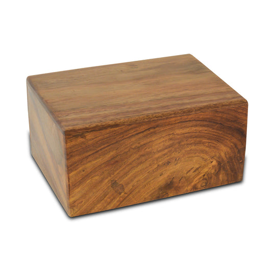 Large wooden pet urn with plain sides and a warm natural wood finish