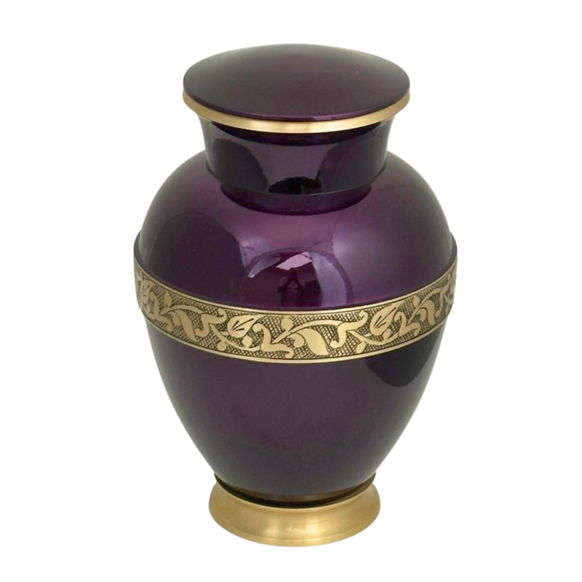 Tall brass cremation urn finished in deep purple with a polished gold rim and lid