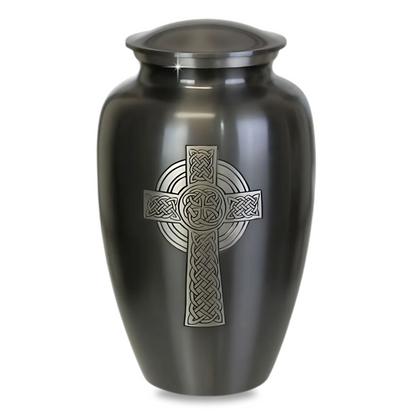 Brass cremation urn with a raised ringed Celtic cross and knotwork on the front panel