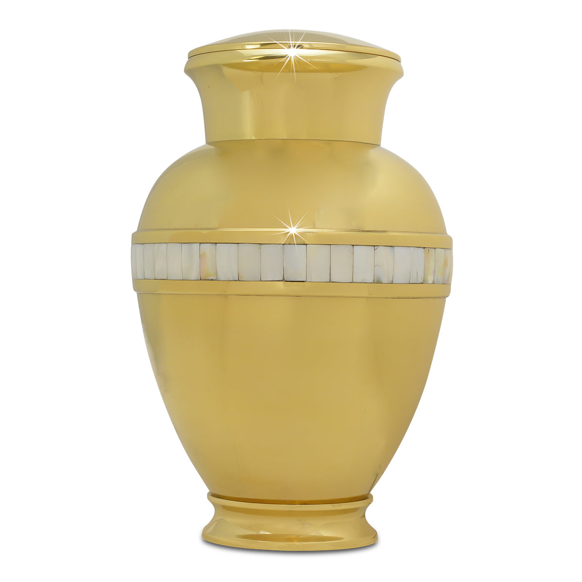 Brass cremation urn covered in irregular mother of pearl shell inlay pieces