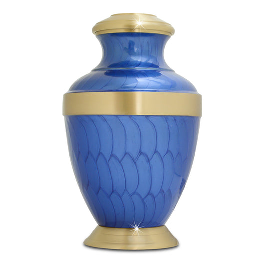 Wide blue brass cremation urn with straight sides and a flat fitted lid