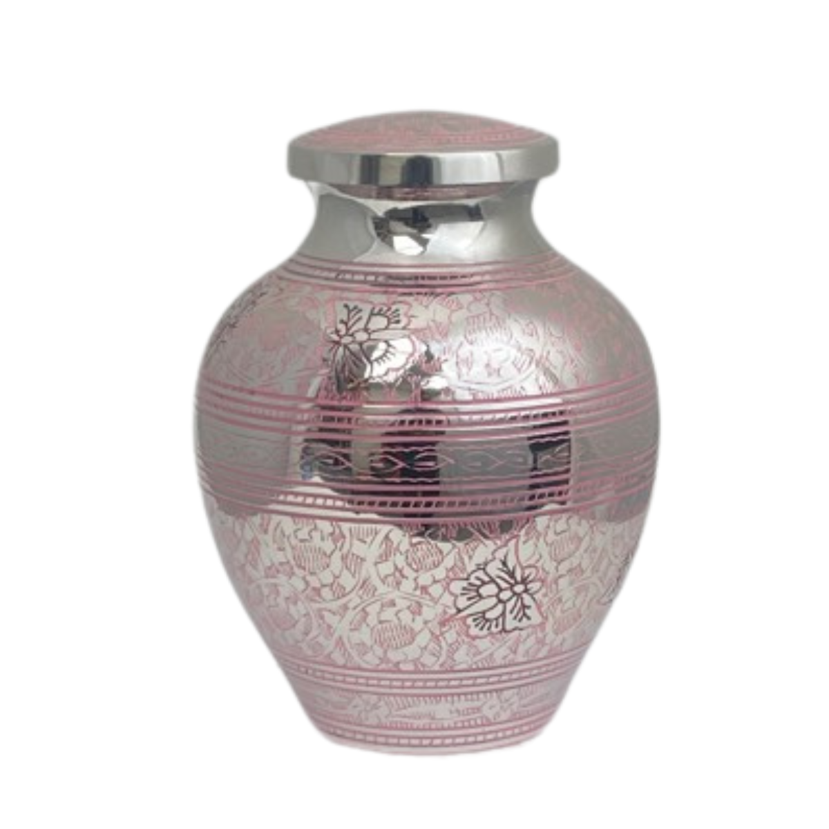 Rounded pink brass child urn decorated with butterflies scattered across the body