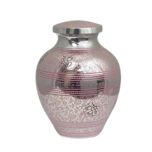 Rounded pink brass child urn decorated with butterflies scattered across the body