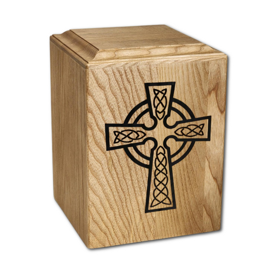 Wood cremation urn with raised interlaced Celtic cross knotwork on the front