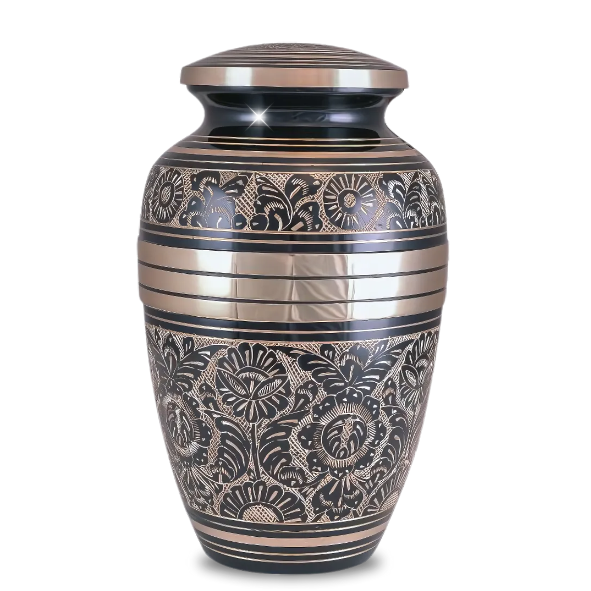 Brass cremation urn with an engraved garden and floral pattern running across the body and lid