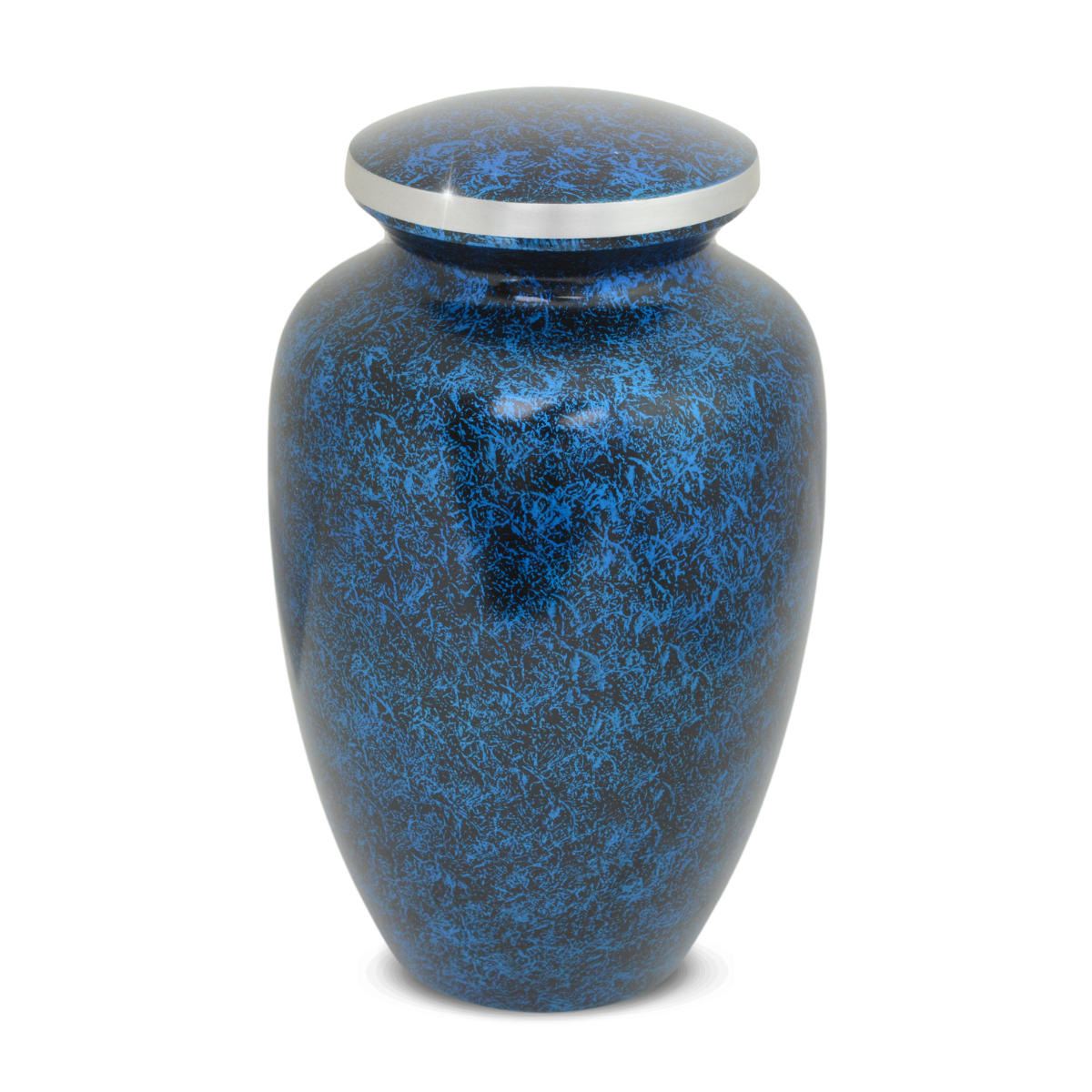 Blue marbled aluminum cremation urn, tall vase shape with a lift-off top lid