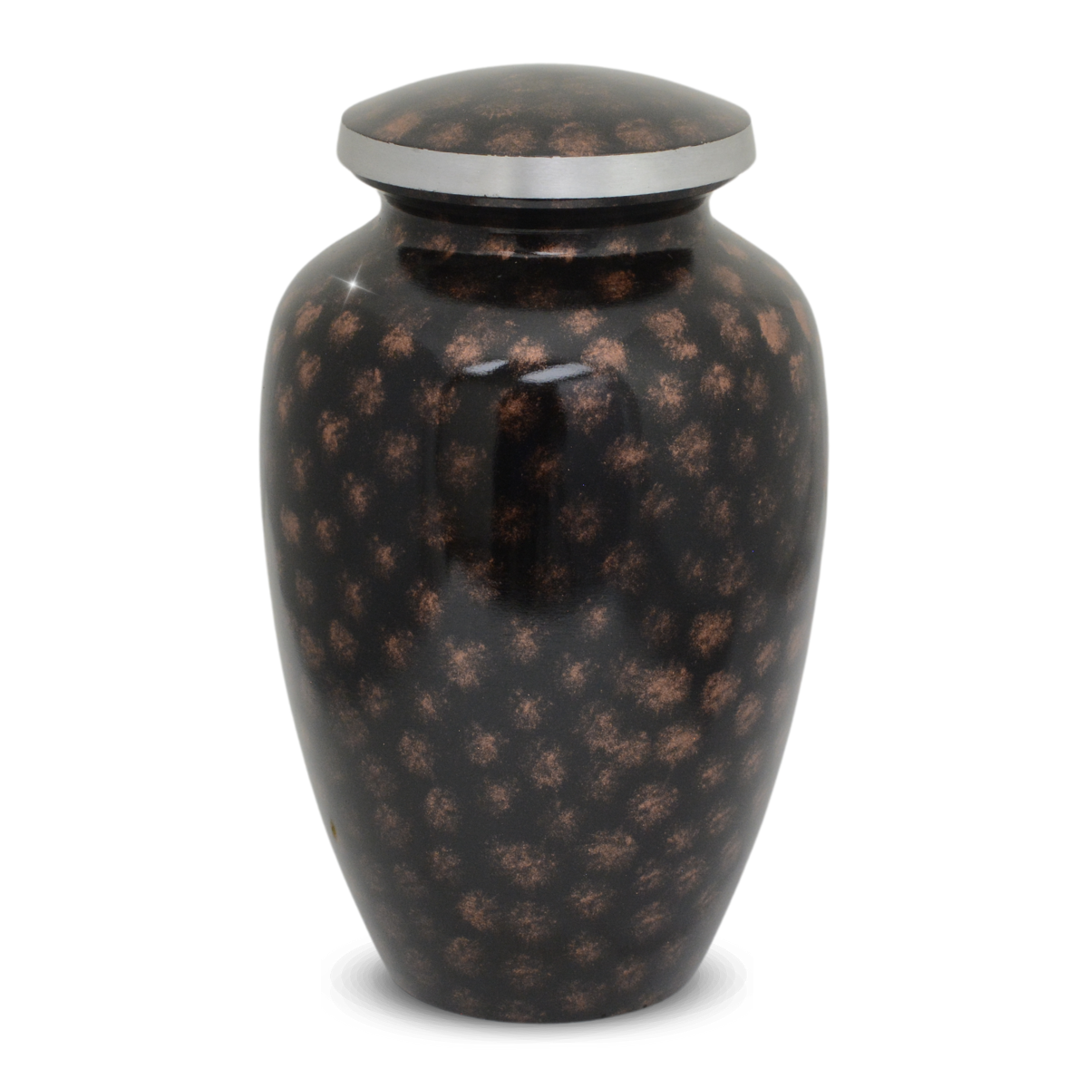 Tall scarlet marbled aluminum cremation urn with swirled red finish and polished lid