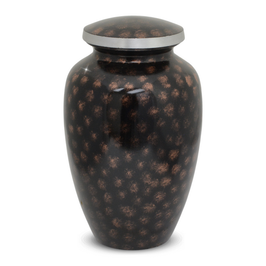 Tall scarlet marbled aluminum cremation urn with swirled red finish and polished lid