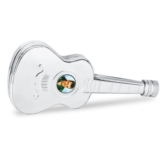 Metal keepsake urn shaped like an acoustic guitar with soundhole and string detail