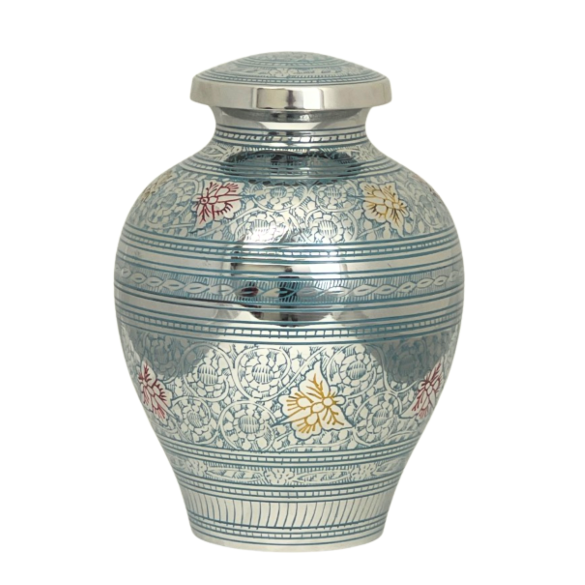 Tall blue brass cremation urn with gold butterflies rising across the body toward the lid