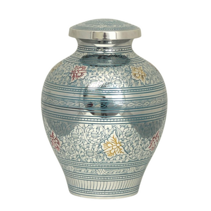 Tall blue brass cremation urn with gold butterflies rising across the body toward the lid