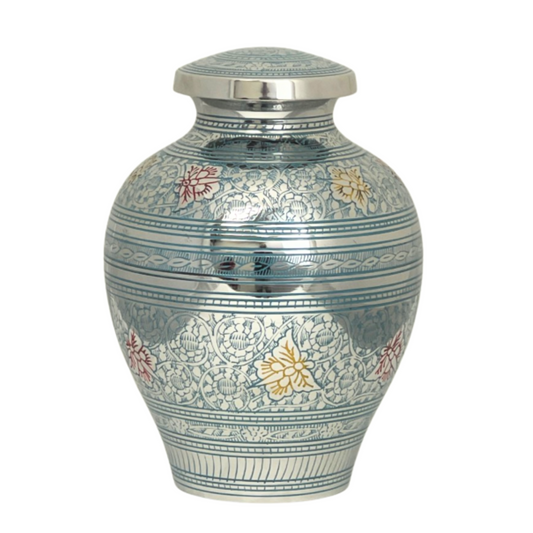 Tall blue brass cremation urn with gold butterflies rising across the body toward the lid