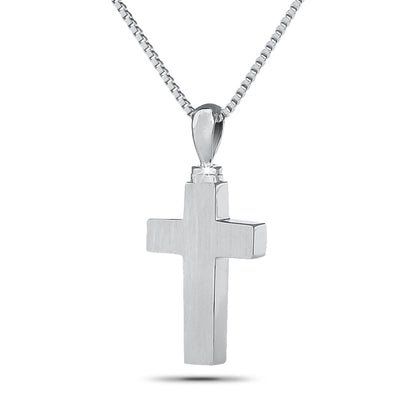 Silver cross pendant with squared arms and a polished finish, hung on a chain