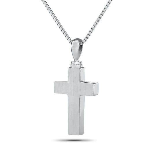 Silver cross pendant with squared arms and a polished finish, hung on a chain