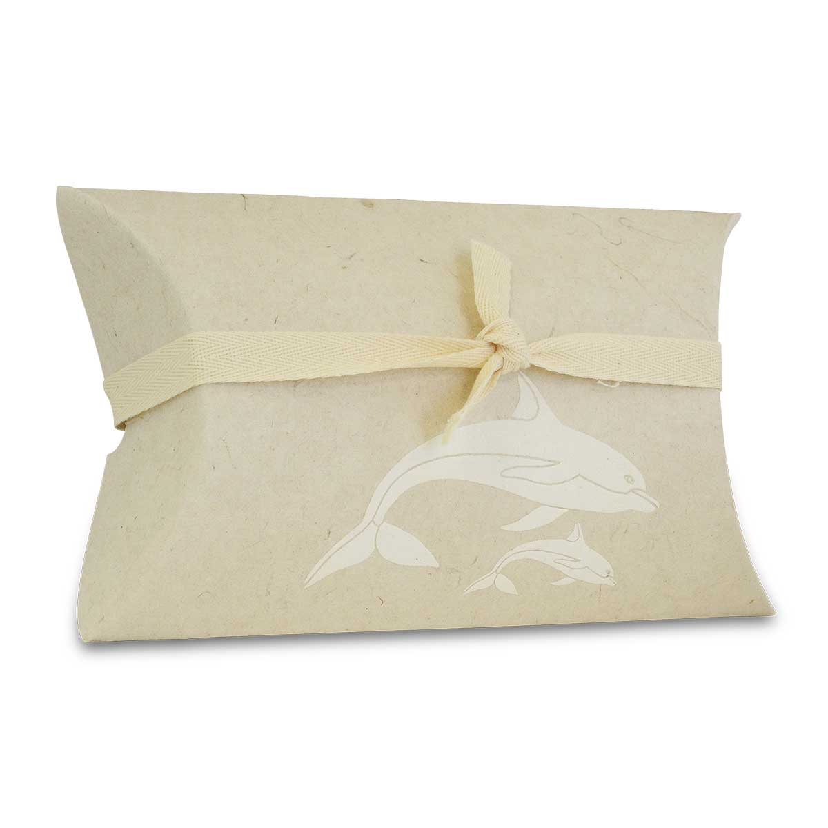 Small paper water burial urn printed with two arcing dolphins on the lid