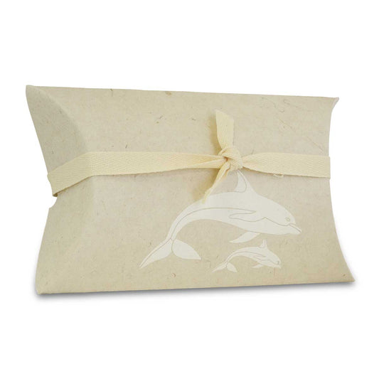 Small paper water burial urn printed with two arcing dolphins on the lid
