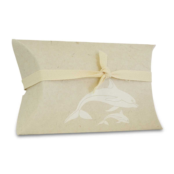Small paper water burial urn printed with two arcing dolphins on the lid