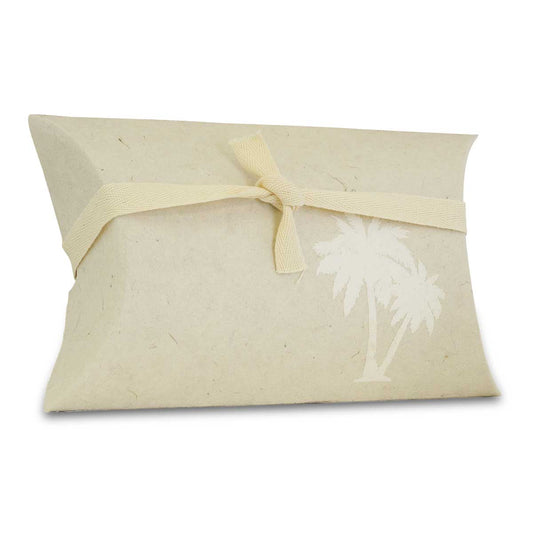 Small paper water burial urn printed with a single tree on the lid