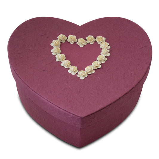 Heart shaped burgundy paper companion urn with a matte finish and rounded edges