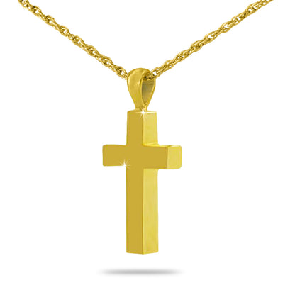 Plain gold-plated steel Latin cross pendant with a smooth face, on a matching chain