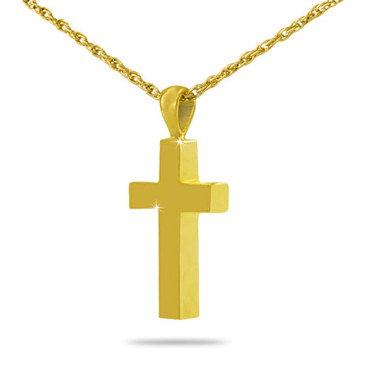 Plain gold-plated steel Latin cross pendant with a smooth face, on a matching chain