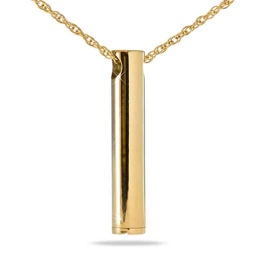 Narrow polished gold-toned steel bar pendant with an unbroken front face and fine chain