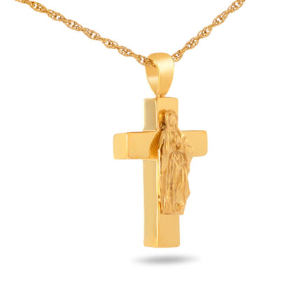 Gold-finished steel cross pendant with a relief image of the Virgin Mary at the crossing