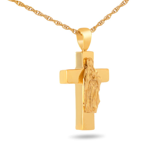 Gold-finished steel cross pendant with a relief image of the Virgin Mary at the crossing
