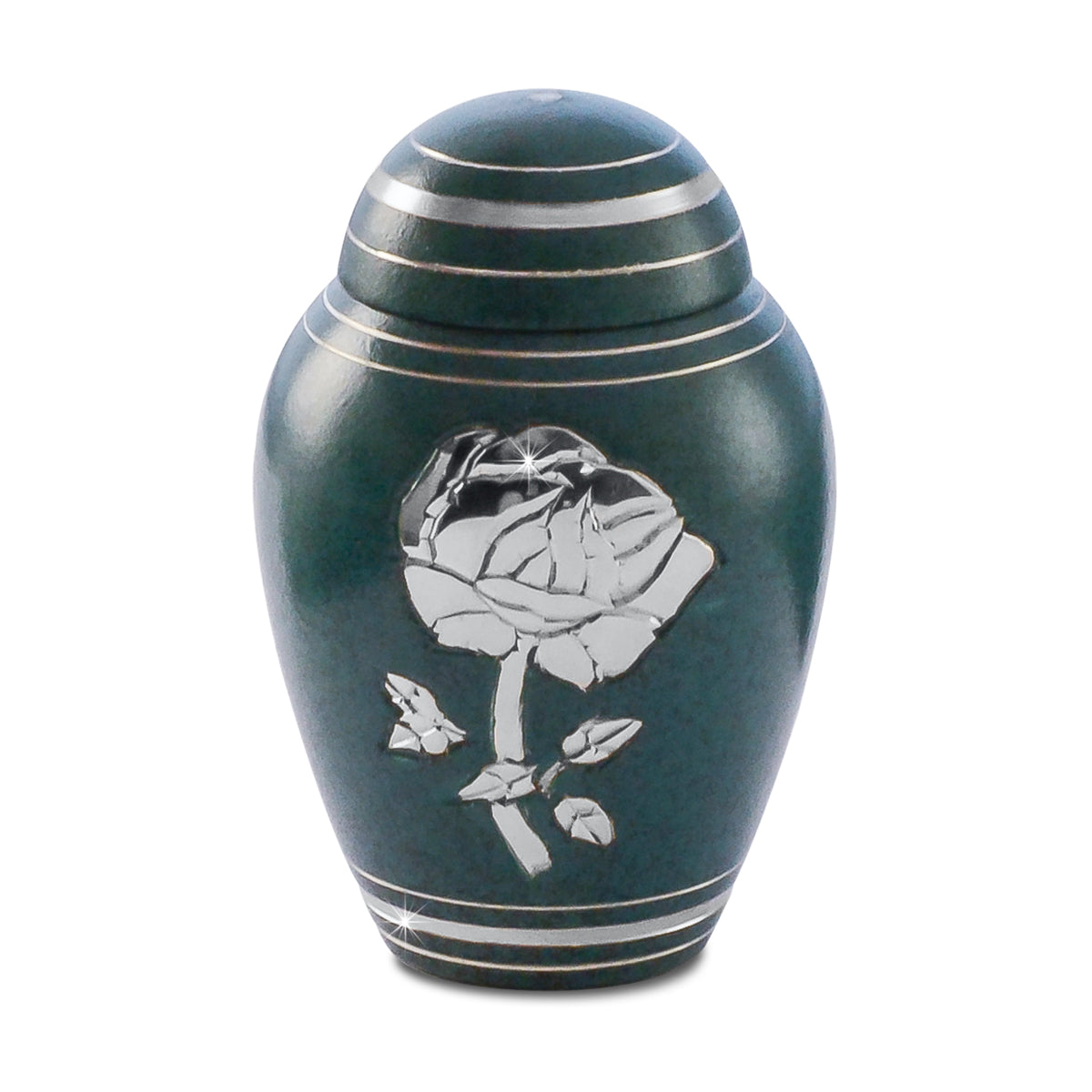 Silver-toned keepsake urn with a Celtic knotwork band and a raised rose on the front