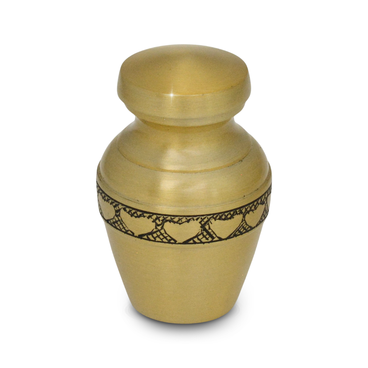 Wide brass keepsake urn with a low profile and a ring of hearts around the body