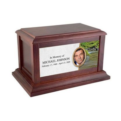 Tall narrow wood photo cremation urn with front picture opening and warm finish