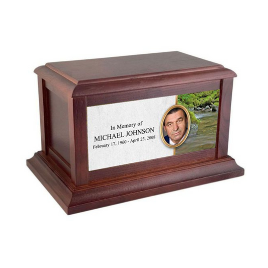 Tall narrow wood photo cremation urn with front picture opening and warm finish