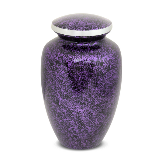 Tall aluminum cremation urn with marbled stone-look finish and a rounded screw-top lid