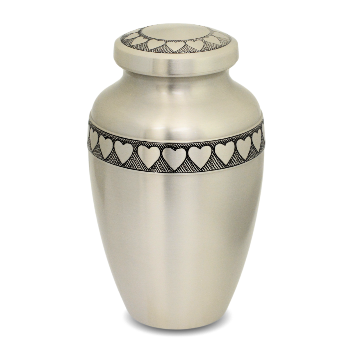 Grey pewter finish brass cremation urn with a ring of linked hearts around the body