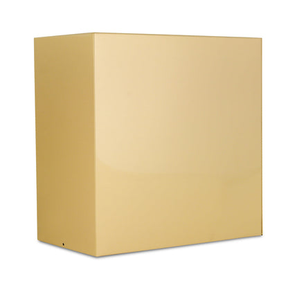 Wide brass companion cremation urn with a polished gold finish and a flat lid