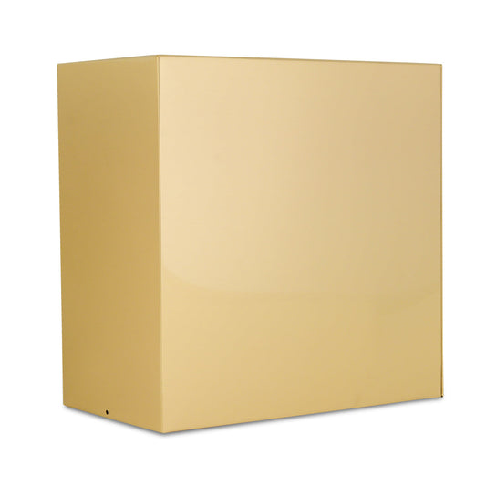 Wide brass companion cremation urn with a polished gold finish and a flat lid